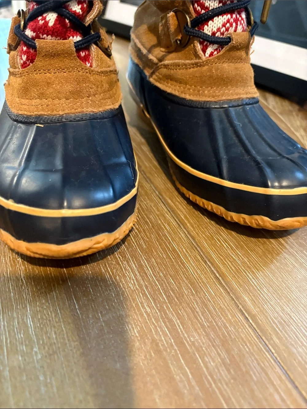 Khombu Tan and Navy Waterproof Winter Duck Boots with Red Knit Collar